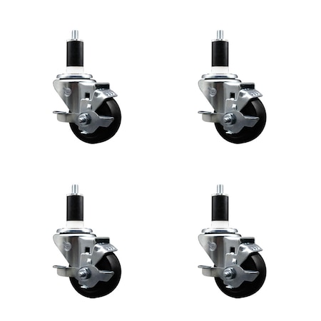 Service Caster 3'' SS Hard Rubber Swivel 1-3/8'' Expanding Stem Caster Set with Brake, 4PK SCC-SSEX20S314-HRS-TLB-138-4